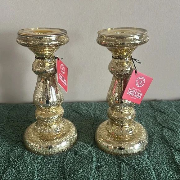 Martha Stewart Mercury Glass Pillar Candle Holder Gold Tone Set of 2 NEW - Picture 2 of 7